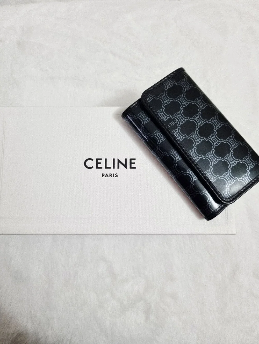 Celine Black Triomphe Patent Leather Card & Key Holder